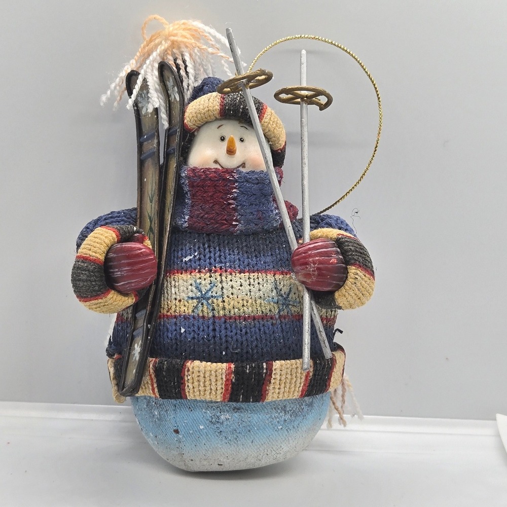 VTG Snowman Skier Figurine Ornament Blue Knit Sweater Wooden Skis 6"